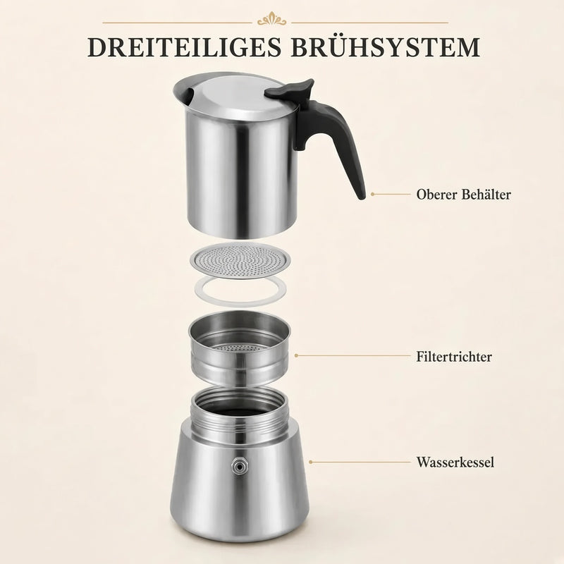 Dreiteiliges Brühsystem des Espressokochers aus Edelstahl