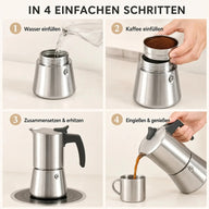 Anleitung in vier Schritten für den Espressokocher aus Edelstahl