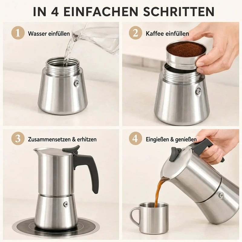 Anleitung in vier Schritten für den Espressokocher aus Edelstahl