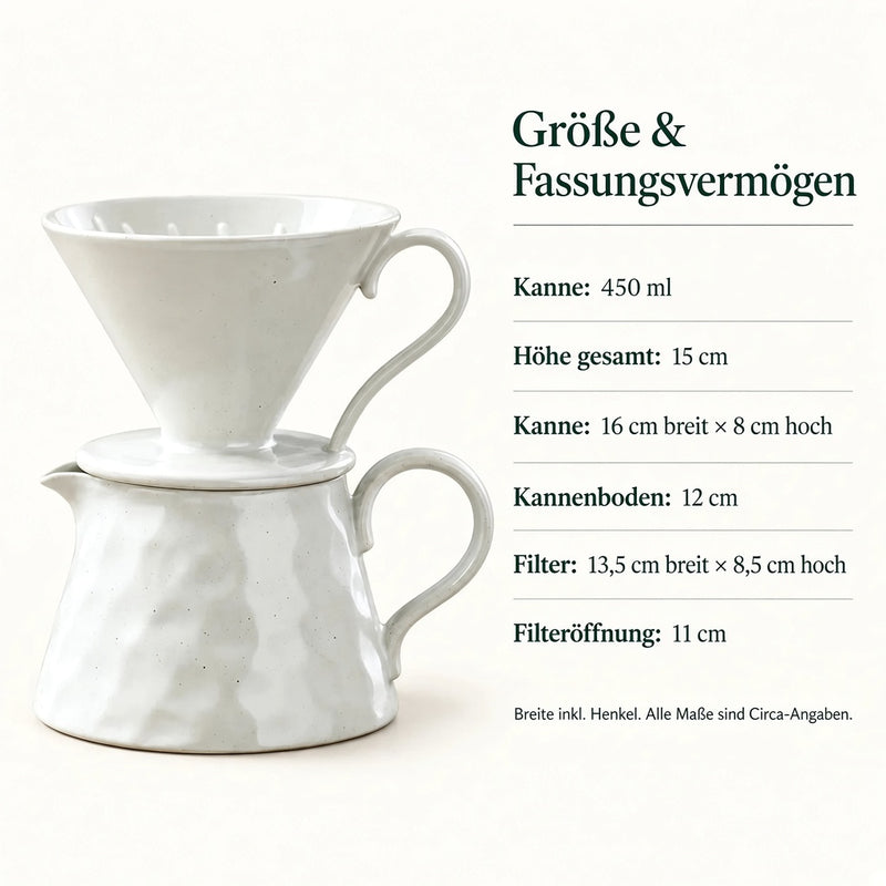 Maße des Pour-Over-Sets: Kanne 450 ml, Höhe gesamt 15 cm