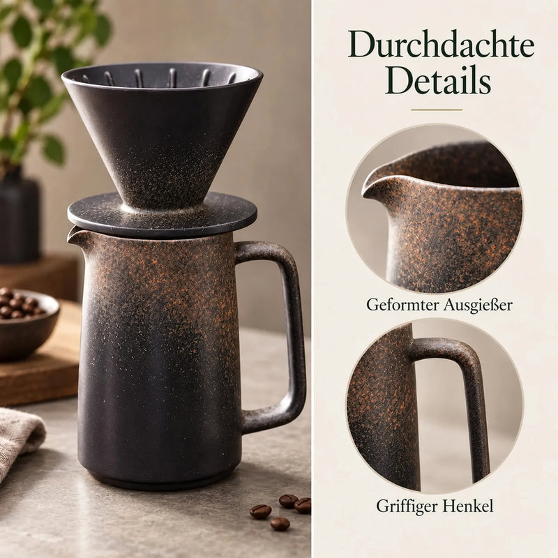 Ausgießer und Henkel der dunklen Servierkanne im Detail