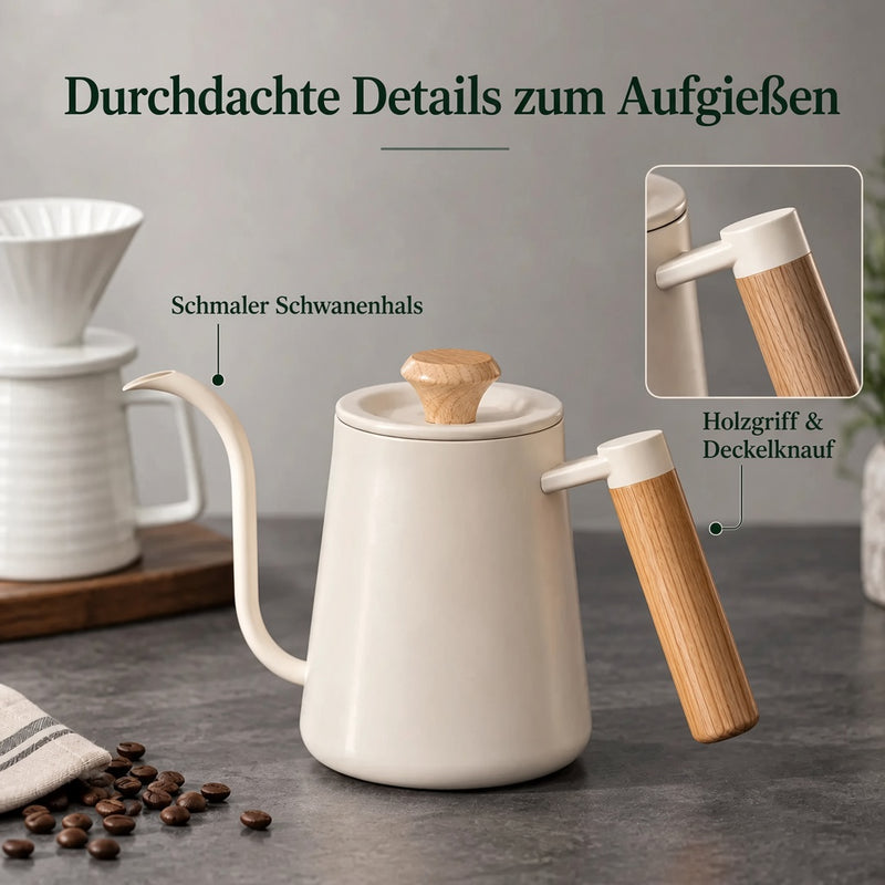 Schwanenhalsausguss sowie Holzgriff und Deckelknauf des Kessels