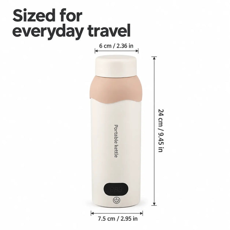 Portable kettle dimensions: 24cm height, 7.5cm body diameter and 6cm cap diameter