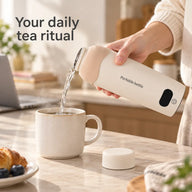 Portable electric kettle pouring water into a ceramic mug on a kitchen counter