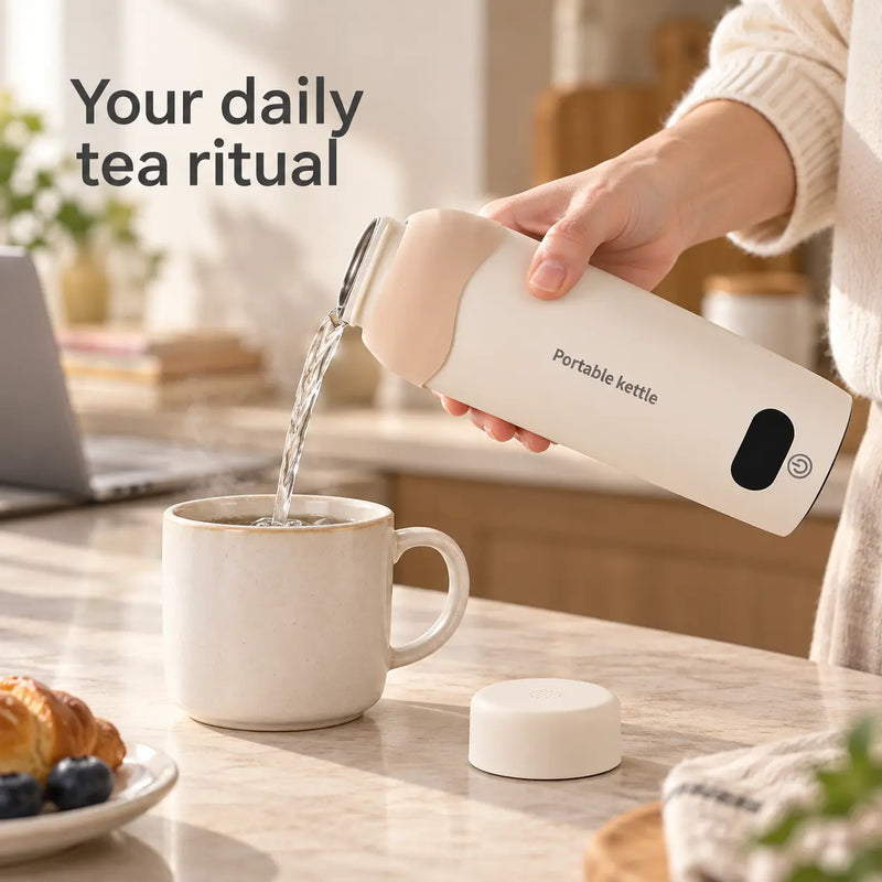Portable electric kettle pouring water into a ceramic mug on a kitchen counter