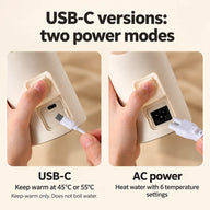 USB-C version power ports: USB-C for keeping warm and AC inlet for heating water
