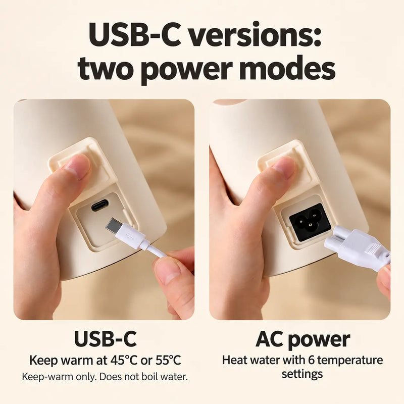 USB-C version power ports: USB-C for keeping warm and AC inlet for heating water