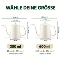 Größentabelle für den matt-weißen Schwanenhalskessel, 350 ml und 600 ml
