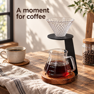Glas-Handfilter und Kaffeeständer mit Holzsockel in einer sonnigen Kaffeeecke zu Hause