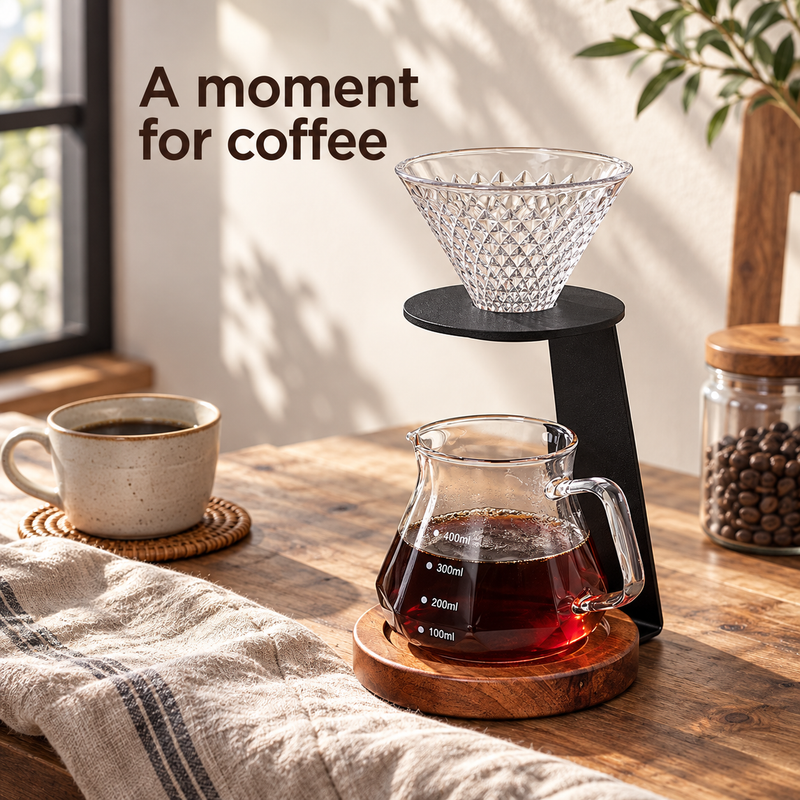 Glas-Handfilter und Kaffeeständer mit Holzsockel in einer sonnigen Kaffeeecke zu Hause