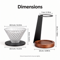 Maße von Ständer und Glas-Handfilter in Zentimetern und Zoll
