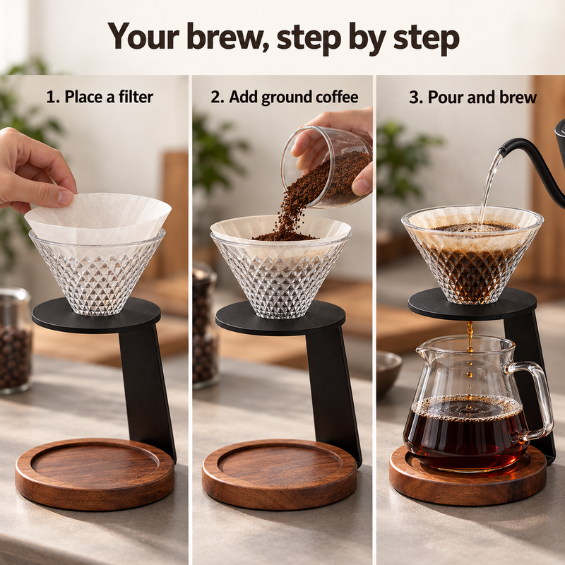 Drei Brühschritte: Filter einsetzen, Kaffeemehl hinzufügen, dann Wasser aufgießen