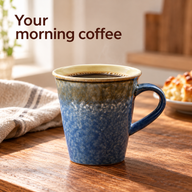 Mottled blue ceramic coffee mug filled with black coffee on a breakfast table
