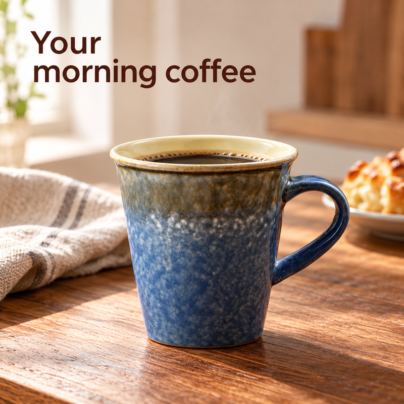 Mottled blue ceramic coffee mug filled with black coffee on a breakfast table