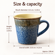 238 ml ceramic coffee mug dimensions: 10.8 cm overall width, 8.5 cm mouth diameter and 9 cm height