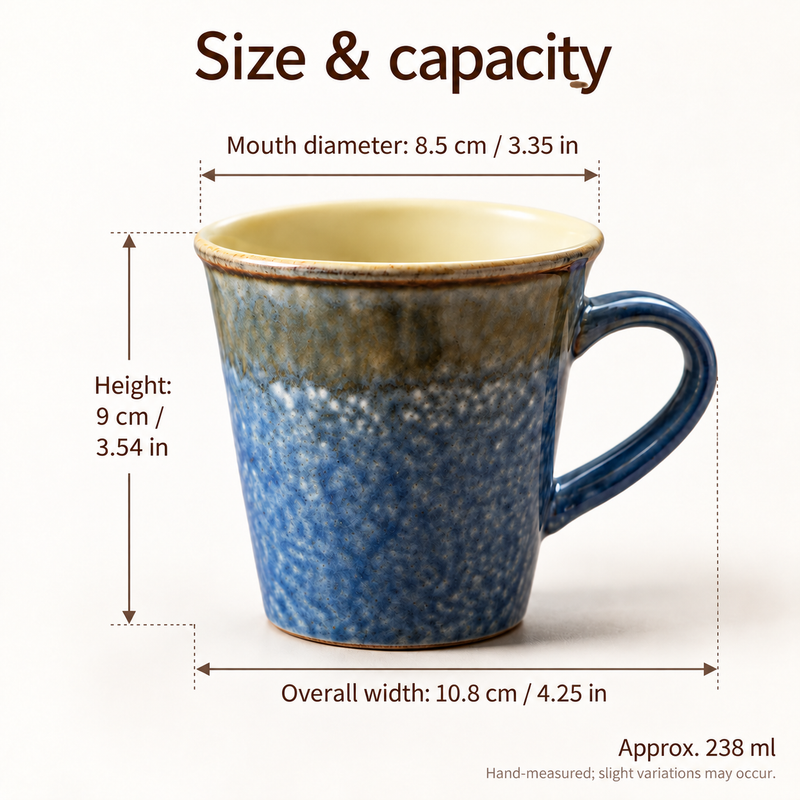 238 ml ceramic coffee mug dimensions: 10.8 cm overall width, 8.5 cm mouth diameter and 9 cm height