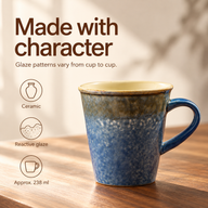 Ceramic coffee mug with reactive glaze and approximately 238 ml capacity