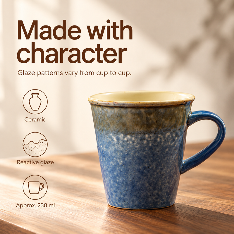 Ceramic coffee mug with reactive glaze and approximately 238 ml capacity