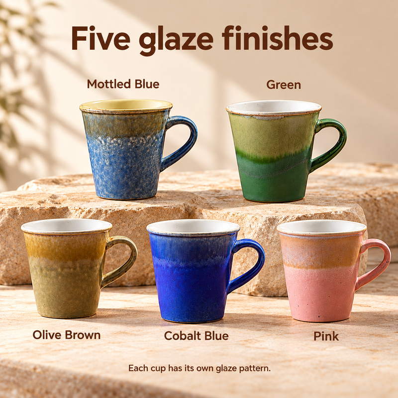 Reactive-glaze ceramic coffee mug color options: Mottled Blue, Green, Olive Brown, Cobalt Blue and Pink
