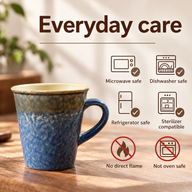 Ceramic mug care guide: microwave, dishwasher, refrigerator and sterilizer compatible; no direct flame or oven