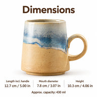 Ceramic coffee mug dimensions: 12.7 cm including handle, 7.8 cm mouth diameter and 10.3 cm height