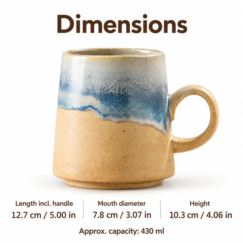 Ceramic coffee mug dimensions: 12.7 cm including handle, 7.8 cm mouth diameter and 10.3 cm height