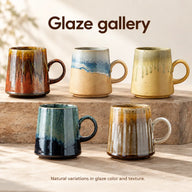 Five ceramic mug glaze colors: amber brown, blue and sand, olive yellow, teal black and gray brown