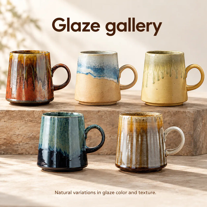 Five ceramic mug glaze colors: amber brown, blue and sand, olive yellow, teal black and gray brown
