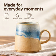 Ceramic coffee mug with reactive glaze and approximate 430 ml capacity labels