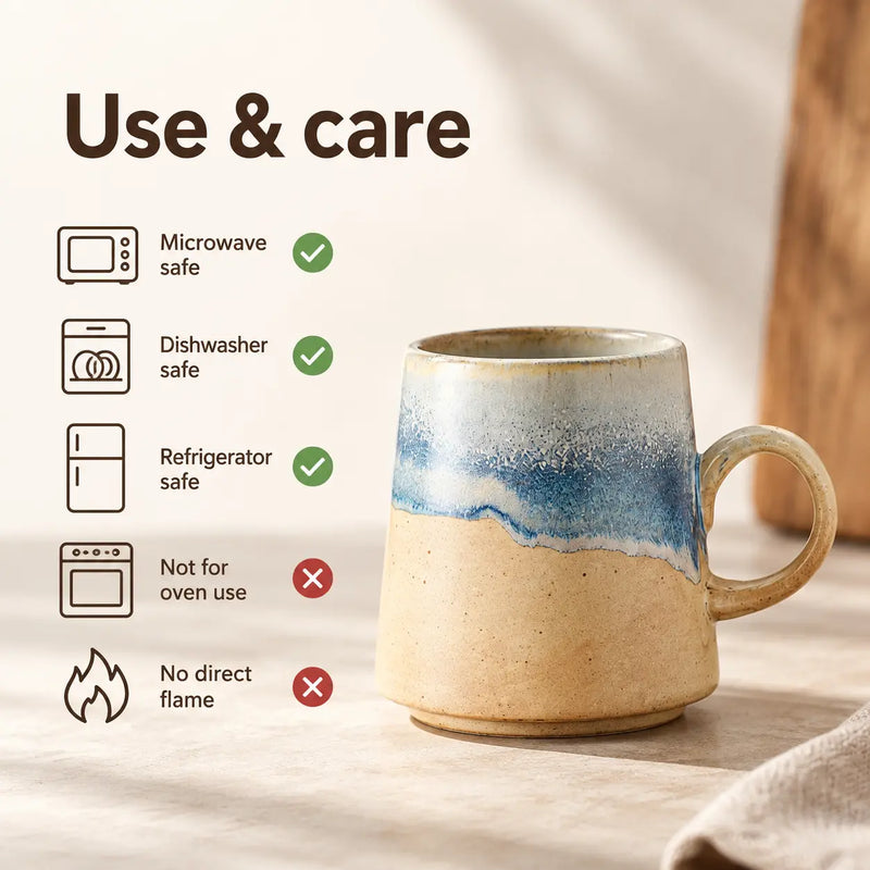 Ceramic mug care guide showing microwave, dishwasher and refrigerator use, with oven and direct flame excluded
