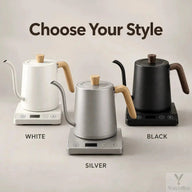 Electric gooseneck kettle in white, silver and black
