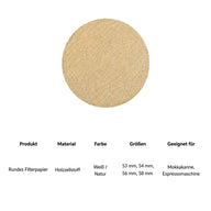 Rundes Filterpapier: Material, Farben und Größen 53, 54, 56 und 58 mm