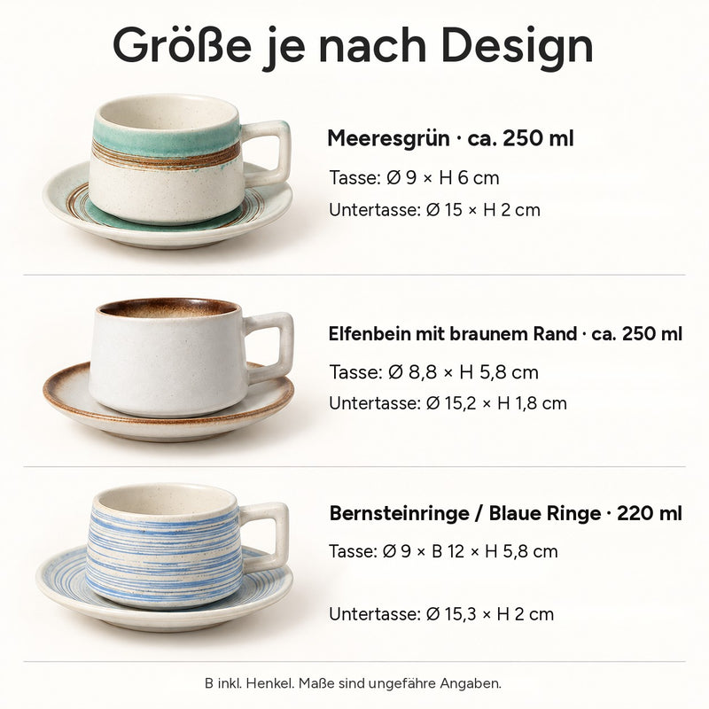 Größen: Meeresgrün ca. 250 ml, Elfenbein mit braunem Rand ca. 250 ml, Bernsteinringe / Blaue Ringe 220 ml, mit Tassen- und Untertassenmaßen in cm