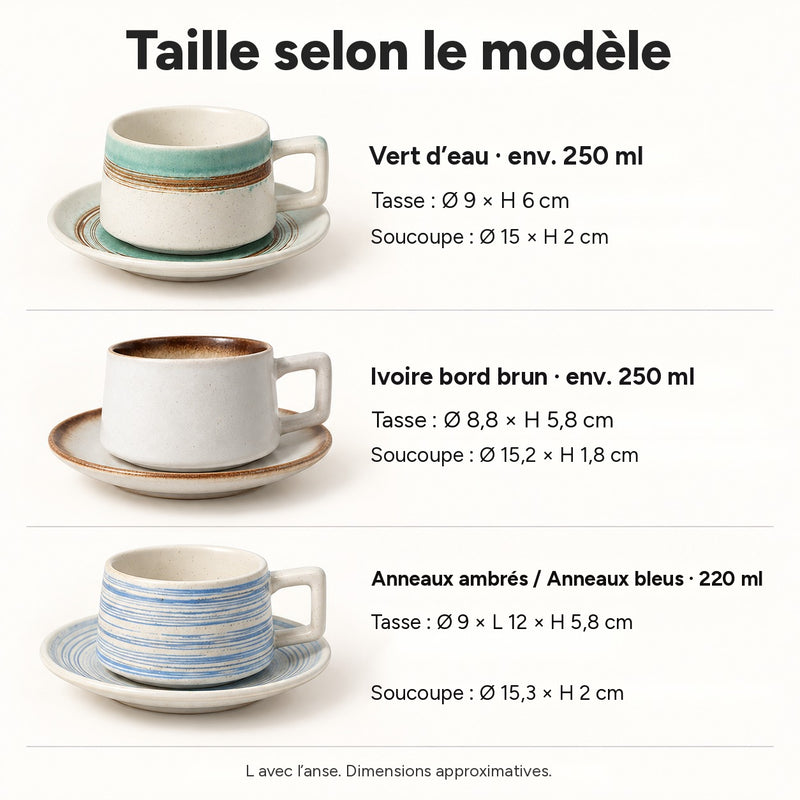 Tailles : vert d’eau env. 250 ml, ivoire bord brun env. 250 ml, anneaux ambrés / anneaux bleus 220 ml, avec dimensions de la tasse et de la soucoupe en cm