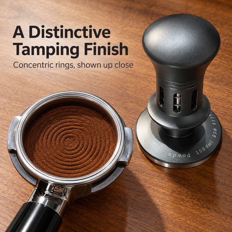 Concentric ring pattern in a tamped espresso coffee puck beside a gunmetal tamper