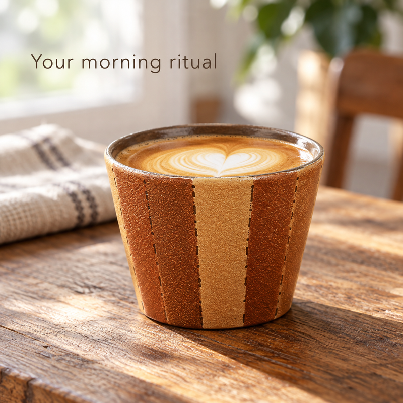 Rostrot gestreifte Keramik-Kaffeetasse mit Latte auf einem sonnigen Frühstückstisch aus Holz.