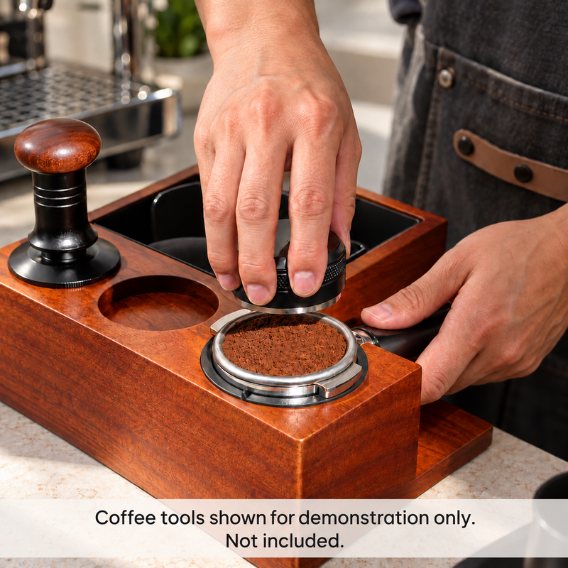 Espresso portafilter supported in the wooden station during puck preparation; coffee tools are shown for demonstration only and are not included.