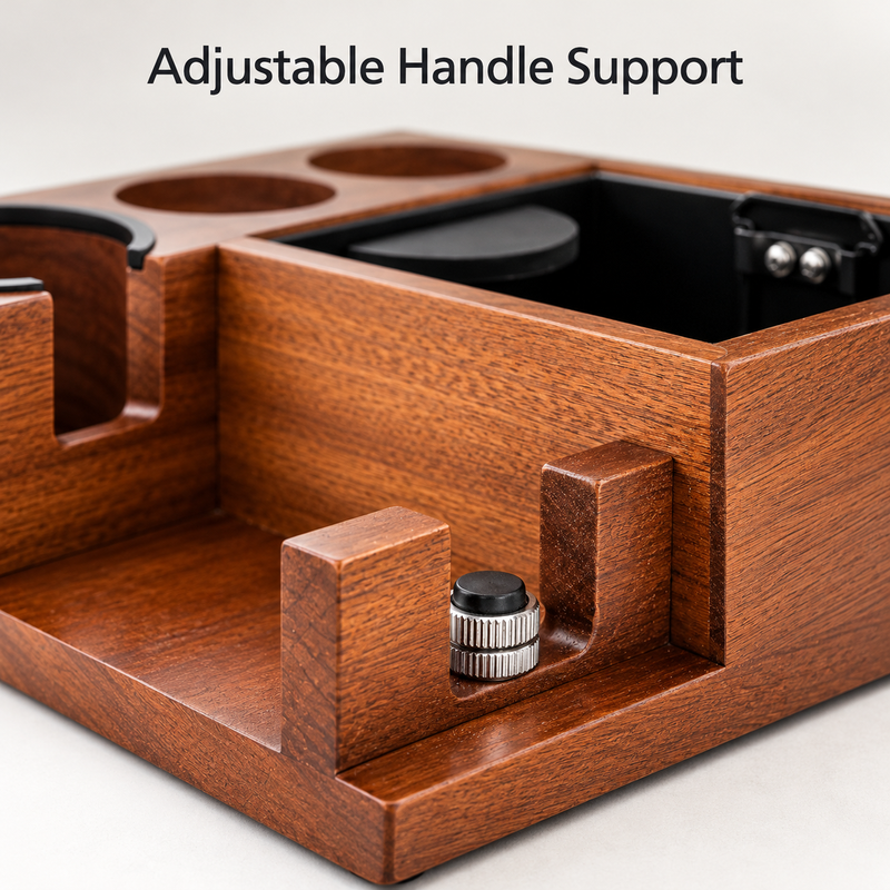 Close-up of the silver knurled screw and black cap used to adjust the wooden station's portafilter handle support.