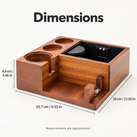 Wood espresso tamping station dimension diagram: 23.7 cm wide, 28 cm deep and 8.8 cm high, with corresponding inch measurements.