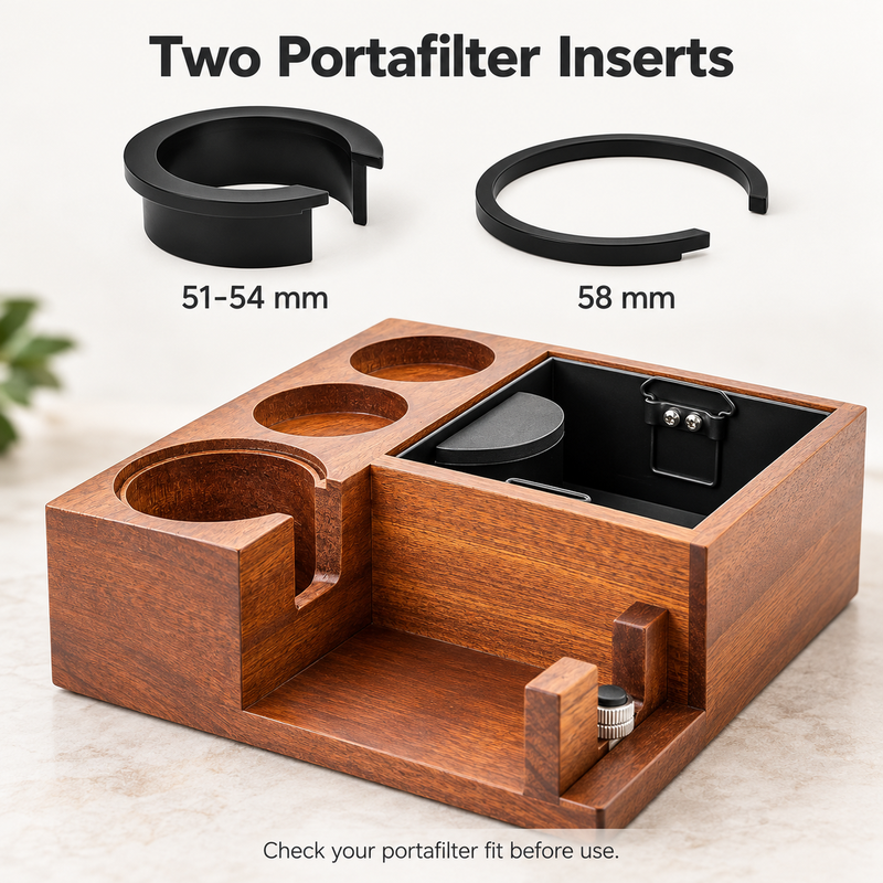Two black interchangeable portafilter inserts: a deeper insert for 51-54mm and a thin C-shaped ring for 58mm, shown above the wood station.