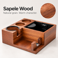 Three-quarter view of the sapele wood espresso station with an inset close-up of its natural brown wood grain.