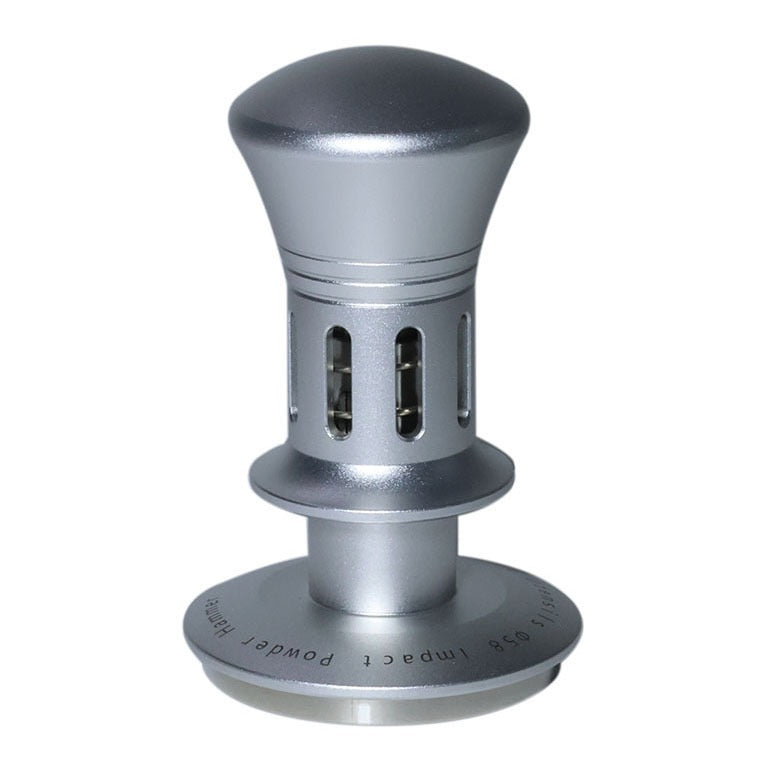 Silver spring-loaded espresso tamper with rounded handle and stainless steel base