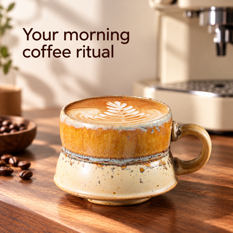 Small amber and ivory ceramic mug filled with latte beside a coffee machine