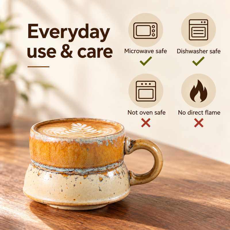 Care guide for the small ceramic mug: microwave and dishwasher suitable; no oven or direct flame