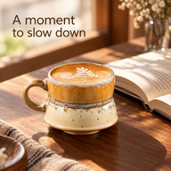 Small amber and ivory ceramic coffee mug on a wooden reading desk