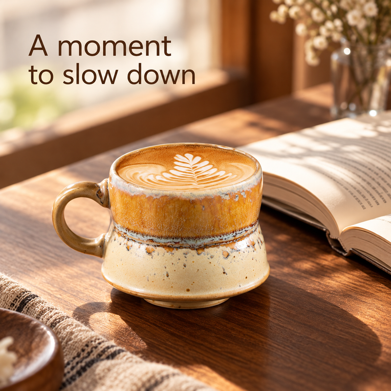 Small amber and ivory ceramic coffee mug on a wooden reading desk