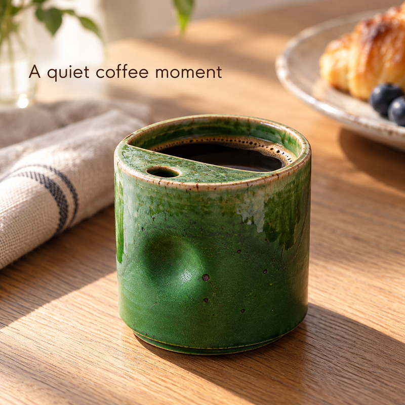 Small green ceramic coffee cup filled with coffee on a wooden breakfast table.
