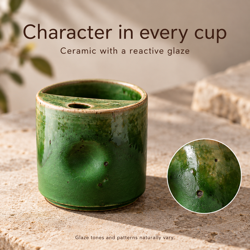Small green ceramic cup on a stone surface with an inset showing its reactive-glaze texture.