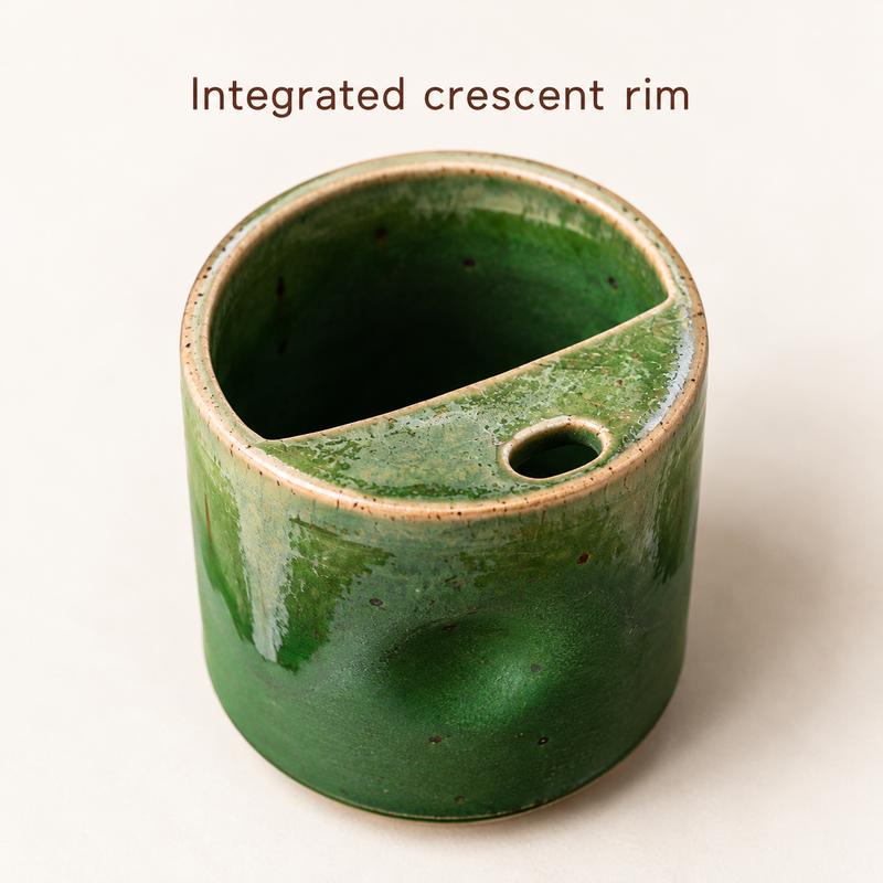 Top detail of the integrated ceramic crescent rim, oval sip opening and open rear aperture.