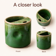 Front, top and back views of the same small green ceramic coffee cup.